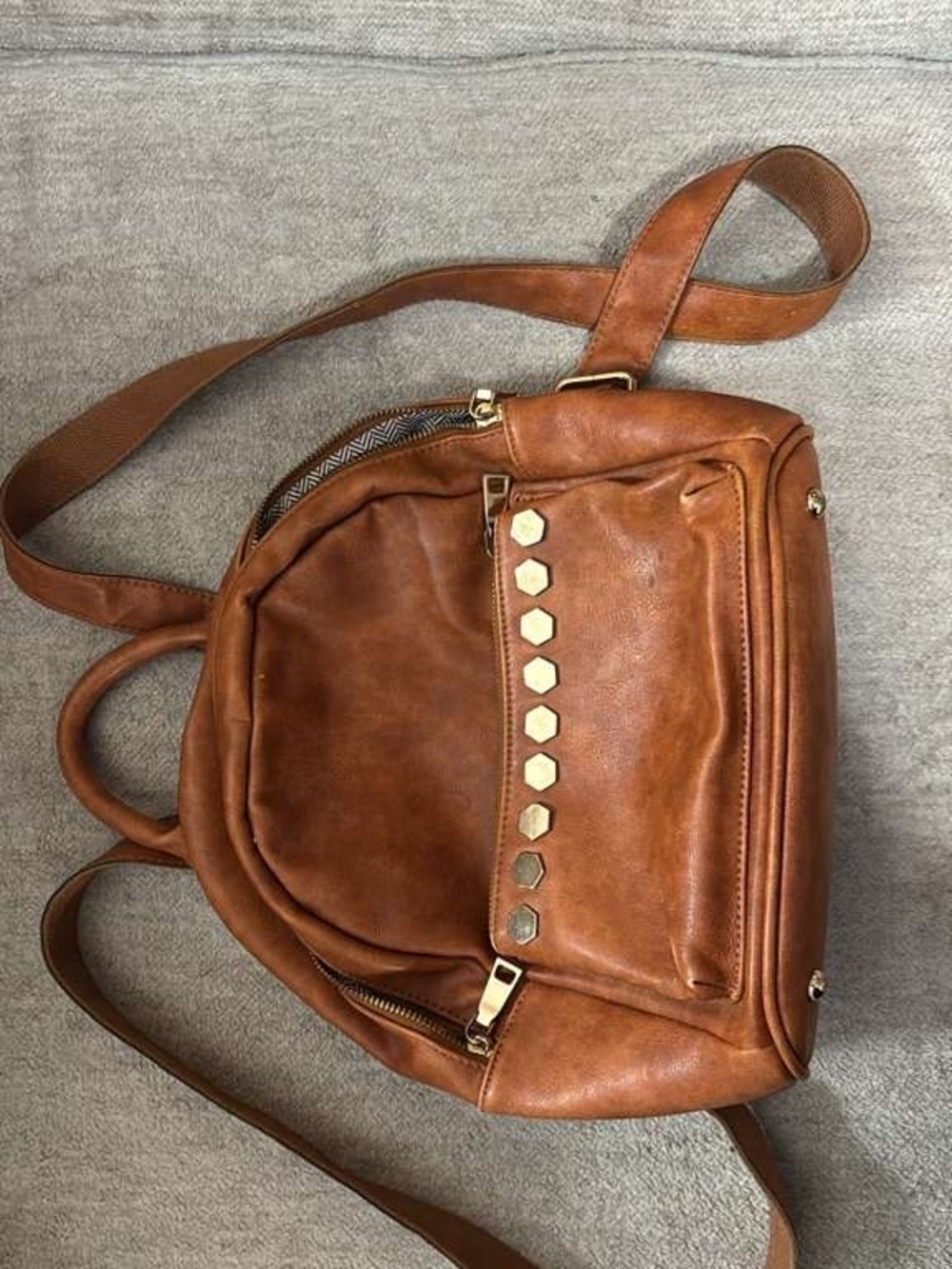 Women's Tan Faux Leather Backpack with Hex Stud Accents